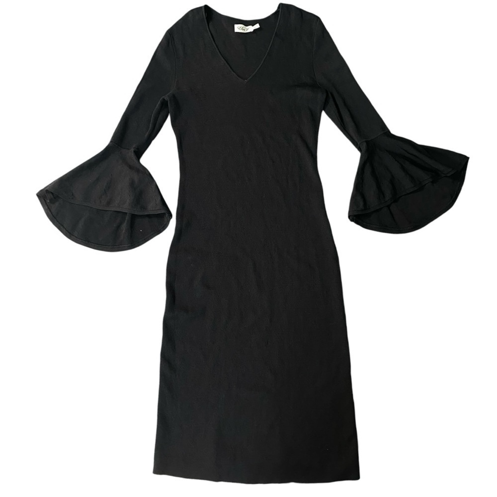 Eliza J Black VNeck Bell Sleeve Knit Textured Fitted Midi Dress Size M